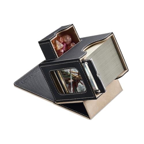 Image of Mage Tech Commander Deck Box for MTG - Patented Design, Commander Display, Fits 100 Double-Sleeved Cards, 35pt Magnetic Card Holder & Dice Tray - Black/Pale Gold