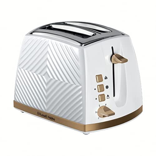 Image of Russell Hobbs Groove 2 Slice Toaster (High Lift, Extra Wide Slots, 6 Browning levels, Frozen/Cancel/Reheat function - Illuminated buttons, Removable crumb tray, 850W, White, Brushed gold accents)26391