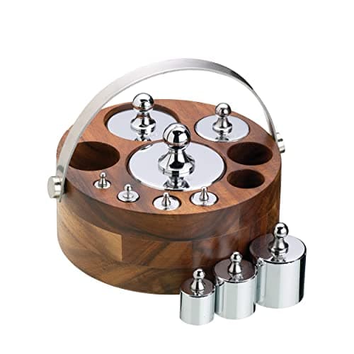 Image of KitchenCraft Living Nostalgia Kitchen Scale Weights Set (Metric) with Wooden Holder in Gift Box, Polished Metal, 1 Pieces