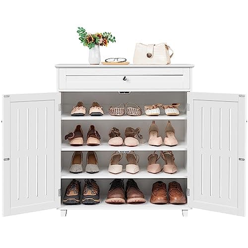 Image of Yaheetech Shoe Cabinet, Wooden Shoe Storage Cabinet Organizer with 1 Drawer & 2 Doors, Modern 4-Tier Shoe Rack with Adjustable Shelves for Living Room, Hallway, Bedroom, White
