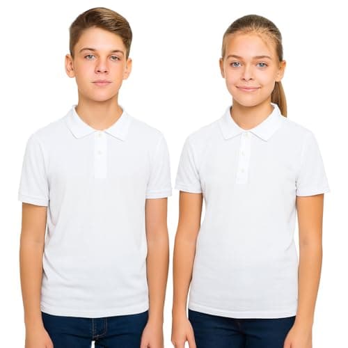 Image of SMNS Pack of 2 Boys Girls School Uniform Polo White Plain Short Sleeve Shirts Sports Wear (13 to 14 Years, White)