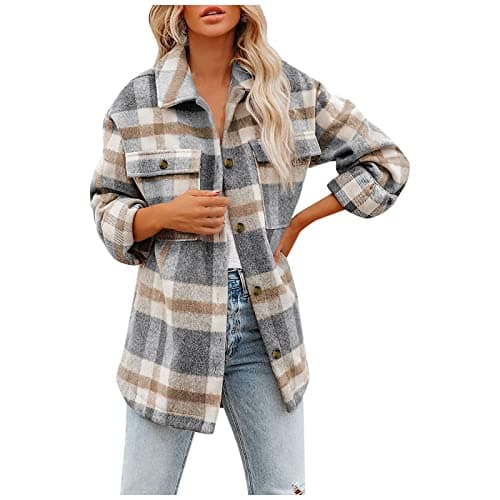 Image of Womens Check Fleece Jacket - Winter Jackets For Women Long Sleeve Top Shirt Fleece Jacket Shacket Casual Winter Shirt With Single Breasted Buttons Outerwear With Check Pockets Check Fleece Jacket