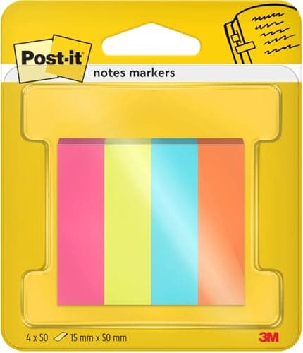 Image of Post-it Notes Markers, 4 Pads 12.7 mm x 44.4 mm, 50 Sheets/Pad, Blue, Green, Orange, Pink - to Mark, Highlight or Color Code Important Information