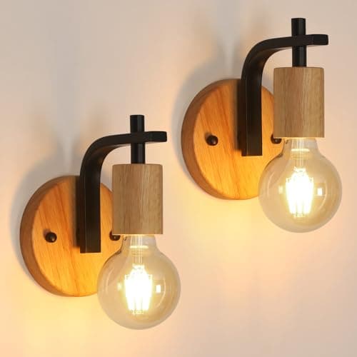 Image of Pheashine Wall Lights Indoor 2 Pack, Vintage Wood Wall Sconces Lights, E27 Industrial Black Wall Lamp for Hallway, Living Room, Bedroom, Kitchen, Stairs, Restaurant (Without Bulb)