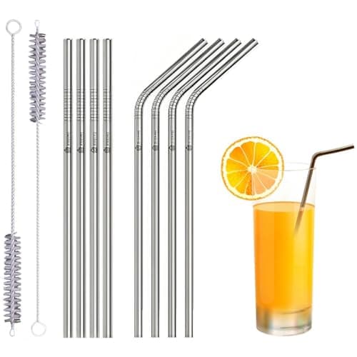 Image of Set of 10 Reusable Metal Straws Drinking, 216mm Eco-Friendly Stainless Steel Drinking Straws for Cocktail, Milkshake, Cold/Hot Drinks (4 Straight + 4 Bent + 2 Cleaners) BPA Free