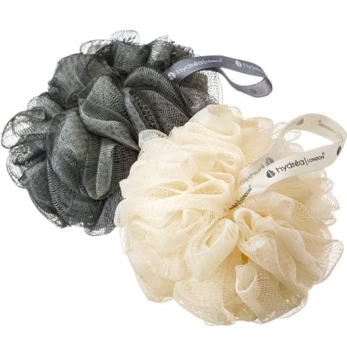 Image of Hydrea London Shower Puffs - Pack of 2 Exfoliating Body Scrubber for Men & Women - Face & Body Cleansing Shower Scrub - Ultra-Soft, Large, & Vegan Bath Scrunchie - Bathing Buffers, Cream & Grey