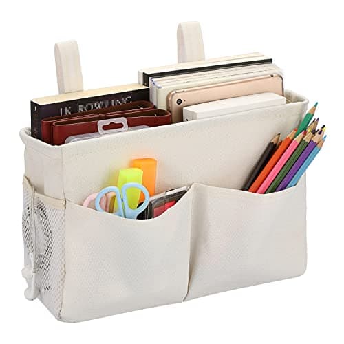 Image of IGNPION Canvas Bedside Hanging Storage Bed Pockets Baskets-Adjustable Hanging Tape Dormitory Bed Organiser Caddy Mulit-purpose Hanging Storage Bag for Home Office School Dorm Hospital, White