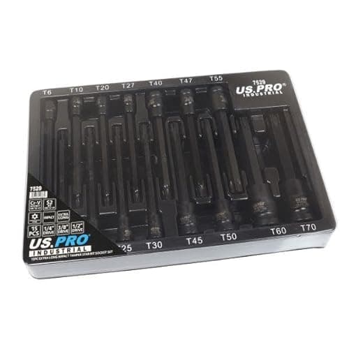 Image of US PRO Industrial 15pc Extra Long Impact Tamper Star Torx Bit Sockets 1/4" 3/8" 1/2" DR 7529