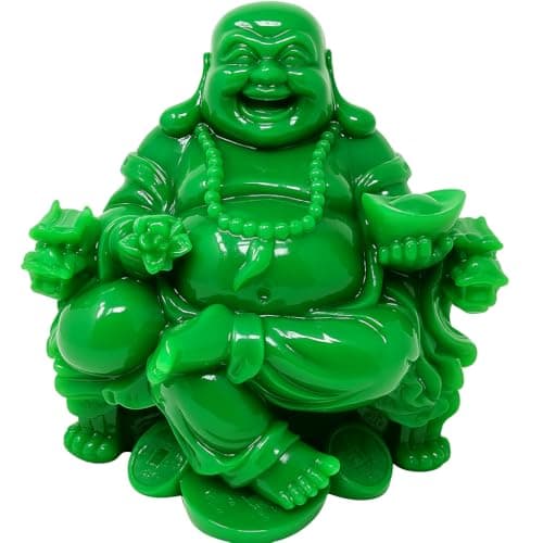 Image of Laughing Buddha Statue Green Resin 20x18cm Feng Shui Prosperity Figurine Sitting Buddha Holding Gold Ingot and Wealth Bag Decorative Ornament for Home Office Meditation Shelf Spiritual Decor JR1458