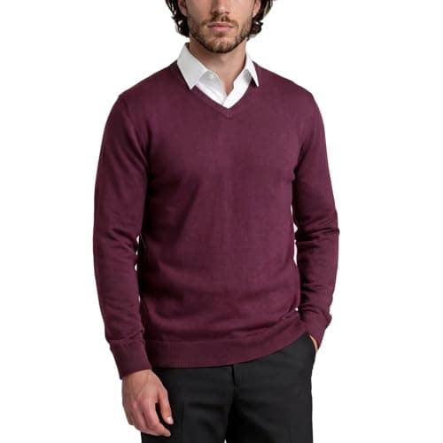 Image of Xact Men’s 100% Cotton Premium 12-Gauge Knit V-Neck Jumper – Lightweight Soft Vee Neck Pullover Sweater for Smart Casual (Burgundy) M