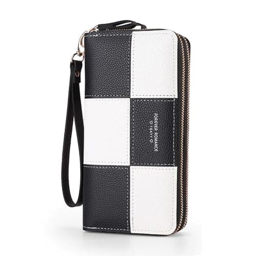 Image of Gosyfeti Womens Wallet Zip Around, Large Capacity Long Purse Female Ladies, Phone Holder Check Organizer Credit Card Holder with Wristlet, Black and White