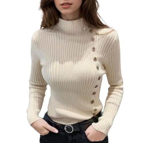 Image of EMOTTOS Women Turtleneck Knitwear, Lightweight T-Shirt with Side Button, Slim Fit Ribbed Pullover Tops, Casual Ribbed Stylish Vintage Sweater Shirt for Ladies, Beige, M