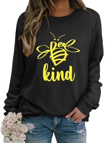 Image of WIEIYM Women's Sweatshirts Be Kind Sweatshirt Cute Bee Graphic Crewneck Sweatshirt Funny Long Sleeve Tops Basic Pullover for Spring Autumn Winter Black