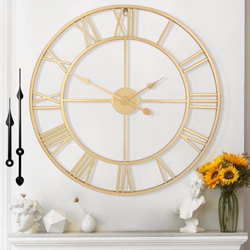 Image of Mee 2ou Wall Clock - 40CM Non Ticking Gold Metal Roman Numerals Vintage Battery Operated Decorative Wall Clock For Living Room, Bedroom, Kitchen, Cafe Decor