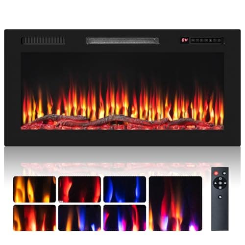 Image of COSTWAY 36"/91cm Electric Fireplace, Wall Mounted/Recessed/Freestanding Fire Heater with Sleep Mode, 7 Flame & 12 Ember Bed Colors, 5 Brightness, Remote Control, 8H Timer, Child Lock, 750W/1500W