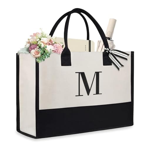 Image of Aucuu Personalized Initial Canvas Beach Bag, Canvas Tote Bag, Monogrammed Gifts, Work Tote Bag for Mom Teacher Friends,Letter M
