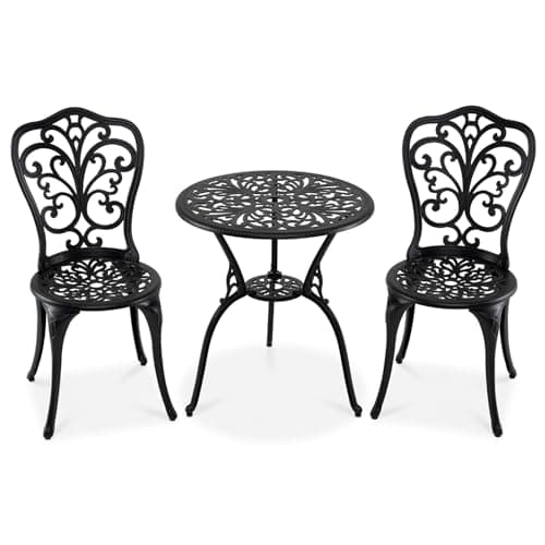 Image of TANGZON 3 Pieces Patio Bistro Set, Outdoor Cast Aluminum Round Dining Table and 2 Armless Chairs with Umbrella Hole, Garden Dining Furniture Set for Balcony Backyard Lawn (Black, Scrollwork Pattern)
