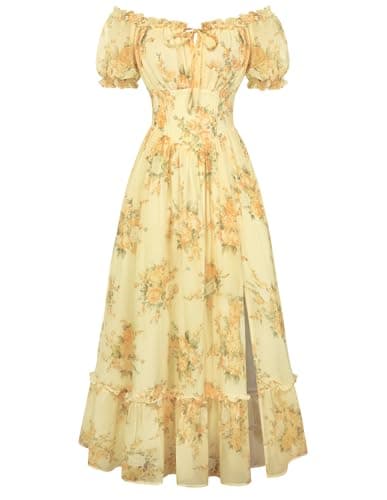 Image of SCARLET DARKNESS Women Summer Boho Floral Maxi Dress Puffed Sleeves Square Neck A Line Cottagecore Dress Yellow Floral S