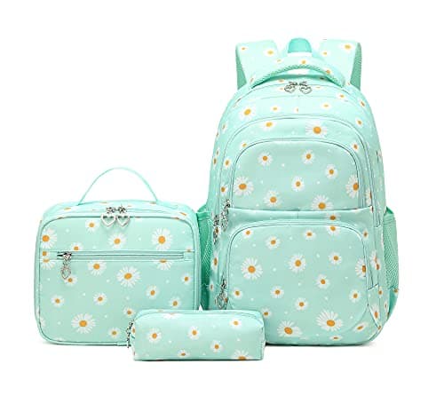 Image of Daisy-Flower Print School Bag Backpack and Lunch Bag Set for Teens Girls Boys Bansusu Bookbag Travel Rucksack