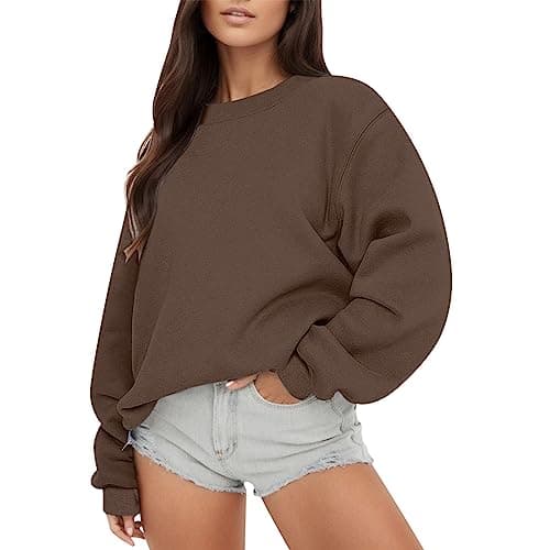 Image of Women's Sweatshirt Long Sleeve Crewneck Sweatshirt Casual Loose Fit Pullover Fleece Top for Autumn Brown