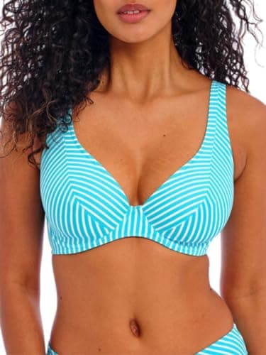 Image of Freya Women's Jewel Cove Ruffled Underwire Bikini Top, Turquoise Stripe, 34D