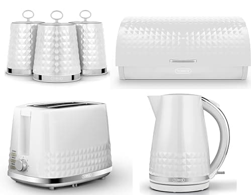 Image of Tower Solitaire White 1.5L 3KW Jug Kettle, 2 Slice Toaster Bread Bin & Tea, Coffee, Sugar Canisters. Matching Contemporary Design Kitchen Set of 6 in White