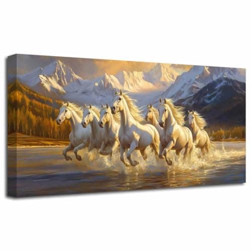 Image of LZIMU Horses Wall Art 7 White Horses Running Picture Wildlife Painting Sunrise Wild Animals Canvas Prints Sunset Nature Landscape Poster Modern Artwork Home Decor (White, (30L x 60W cm))