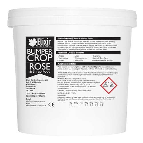 Image of Elixir Gardens Bumper Crop Rose & Shrub Food | N.P.K: 4-3-8+8Fe | Granular Perennial Flower & Bush Fertiliser with Added Iron & Magnesium for Top Dressing & Planting | 2.5kg Tub