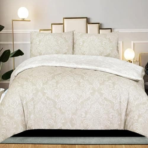 Image of B&B Duvet Cover Set King Size, 100% Rich Cotton Comforter Cover Bedding Sets - Soft, Thick Anti-Allergy Printed Quilt Covers with 2 Pillow Shams (Damask Beige)