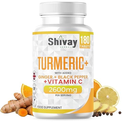 Image of Turmeric Tablets 2600mg with Black Pepper & Ginger Boosted with Vitamin C | 180 High Strength Curcumin Supplements - 3 Month Supply Vegan Active Curcumin Made in The UK by Shivay Herbals