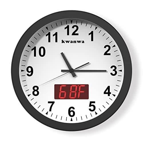 Image of KWANWA Wall Clock Digital Battery Operated Only with Big 1.2'' LED Time or Temperature Display and 12" Metal Frame for Kitchen Bedroom Living Room