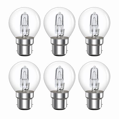 Image of Caldarax Pack of 6 BC B22 G45 28W Golf Ball Bulb Dimmable, 370LM Warm White 2700K, AC 230V, B22 Bayonet Cap Classic Clear Mini Globe Round Light Bulb for Chandeliers