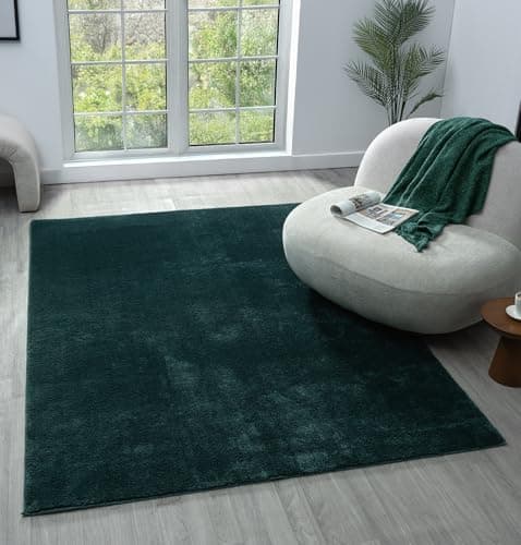 Image of Rugs by Desire Comfy Washable Modern Living Room Rug Polyester Plain Indoor Area Rug with Low Pile - Anti-Slip Felt Backing SuperSoft Carpet Bedroom-Hallway, Emerald, 120x160 cm