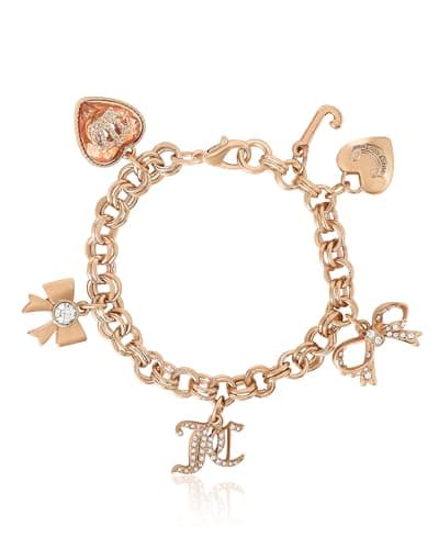 Image of Juicy Couture Bracelet 7-7.5", Goldtone Charm Bracelets for Women with 6 Different Charms Featuring Clear Stones, 7, Metal, crystal