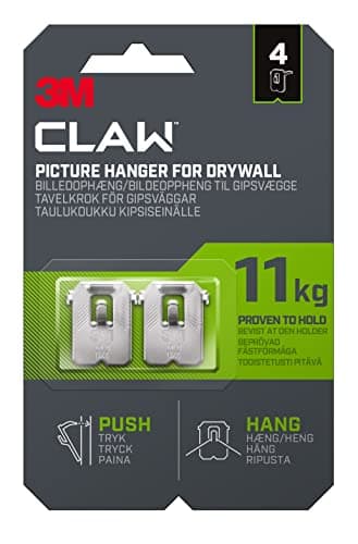 Image of 3M Claw Plasterboard Picture Hanging Wall Hooks For Hanging Home Décor, 4 Hangers, Holds up to 11 kg - Ideal for Heavyweight Items