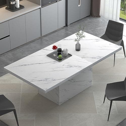 Image of HSH White Faux Marble Dining Table, Rectangle Modern Dinner Table for 6-8, Farmhouse Long Kitchen Table for Living Room, Industrial Wood Dining Room Tables with Sturdy Base, White Marble, 180cm