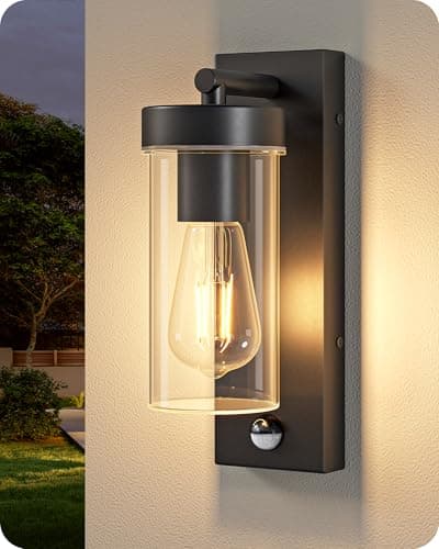 Image of EDISHINE Dusk to Dawn Outdoor Wall Lights, Clear Glass Modern Outdoor Lighting with Motion Sensor, IP44 Waterproof, for Front Door, Patio, Garage, E27 Base, Black