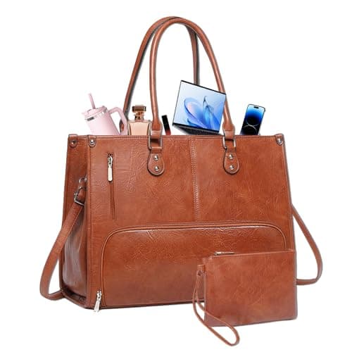 Image of Beafaoo Laptop Bags for Women with Clutch Bag, 15.6 Inch PU Leather Tote Bag with Insulated Lunch Compartment, Large Ladies Laptop Handbag Shoulder Bag for Office School Business, Brown
