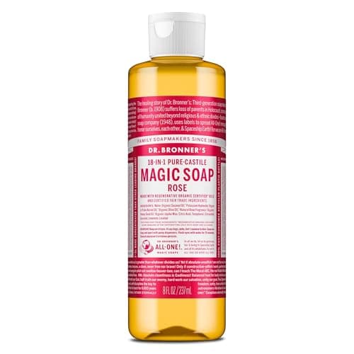 Image of Dr Bronner's Rose Pure Castole Liquid Soap, Made with Organic Oils, Used for Face, Body, Hair, Laundry, Pets and Dishes, Certified Fair Trade & Vegan Friendly, 237ml Recycled Bottle