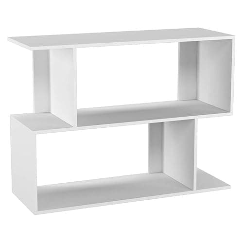Image of URBNLIVING 80cm Width White 2 Tier Wooden Shelving Unit Freestanding Bookcase Display Organiser with Irregular Storage Compartments for Bedroom Study Living Room Office Modern Open Bookshelf