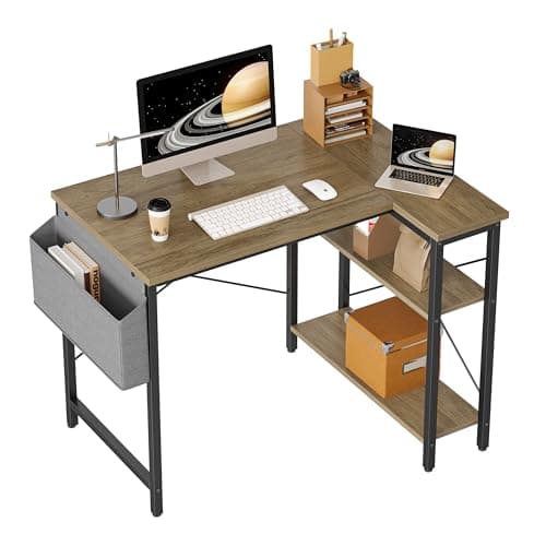 Image of BEXEVUE L Shaped Corner Desk - 100x70 cm Study Office Gaming Desk, Computer Desk Small Writing Table, Large Reversible Storage Shelves, Bookshelf Workstation for Study Play Work Home Office, Grey