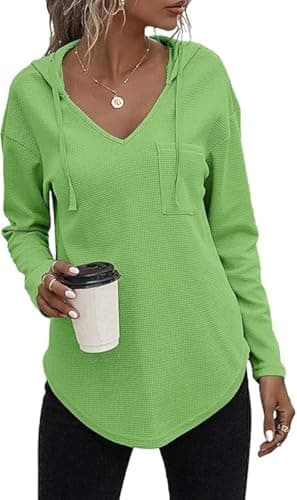Image of Cuptacc Long Sleeve Tops Women Uk Thermal Solid Color Hoodie For Women Waffle V Neck With Drawstring Sweatshirt With Pocket Mint Green S
