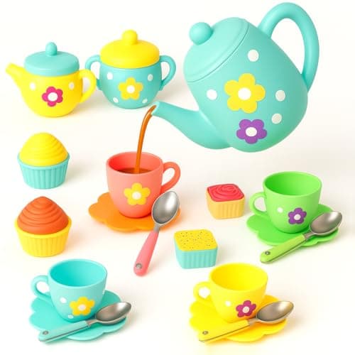 Image of Toyana 22 PCs Kids Tea Set for Girls, Pretend Play Tea Party Playset, Realistic Teapot, Cups, Plates & Cupcakes Kitchen Accessories, Afternoon Role Play Birthday Gift Toy Set For Children Ages 3+ Year