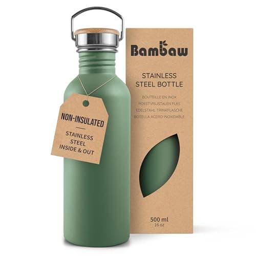 Image of Bambaw Stainless Steel Water Bottle 500ml - Non-Insulated, Leakproof, BPA Free, Metal Bottle - Sage Green