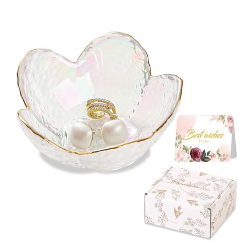 Image of White Flower Jewelry Dish Glass Ring Dish Jewelry Tray Cute Vanity Organiser Room Decor Aesthetic Nightstand Bathroom Decor Trinket Dish Ring Holder Jewellery Tray Valentine's Birthday Gifts for Women