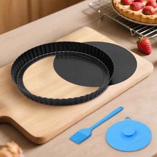 Image of Highkit Quiche Pan 22cm / 8.7inch, Non-Stick Tart Tin, Flan Tins with Loose Base, Tart Pan for Baking, Quiches, Flans, Fluted Round Pie Dish, Pie Pan, Quiche Dish, Carbon Steel,Dark Grey