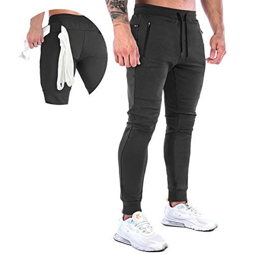 Image of MakingDa Tracksuit Bottoms Men Slim Fit Gym Joggers Training Pants Tapered Skinny Cuffed Sweatpants Jogging Activewear Trousers Elastic Waist Drawstring Zip Pockets-Black-M