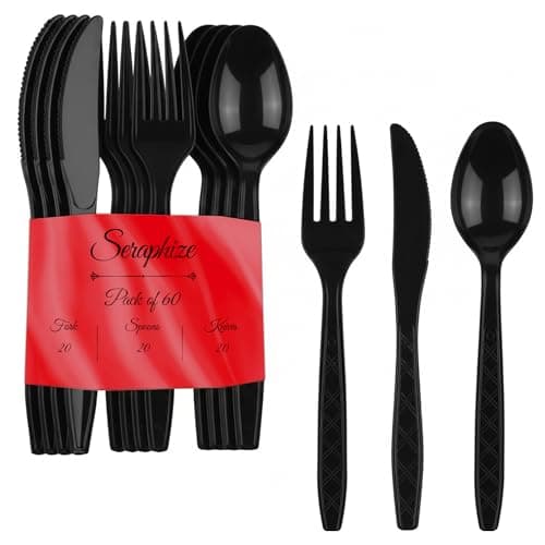 Image of Seraphize Plastic Cutlery Set Pack of 60 (20 Spoons, 20 Fork & 20 Knives) Strong, Durable & Lightweight | Heavy Duty Reusable Cutlery Set | Dining Utensils for Events & for Everyday Personal Use