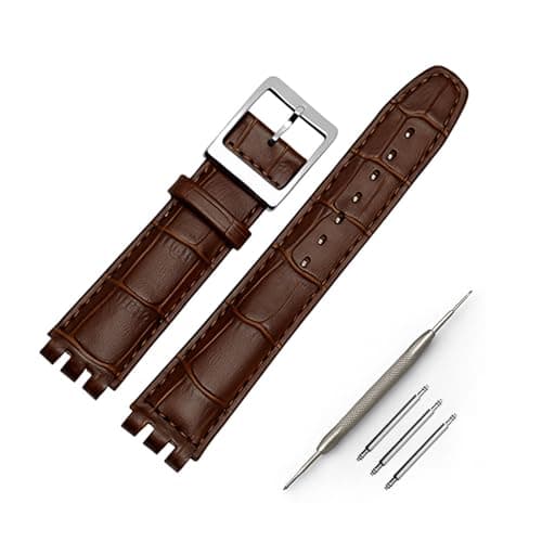 Image of OLXIYOC Watsch Strap for Swatch 17mm 19mm,Cow Leather Rubber Strap Compatible with Swatch Watch Replacement Band Men Women, Brown, 17mm