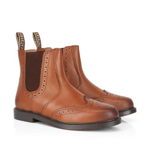 Image of Catesby Men’s Boston Leather Brogue Chelsea Boots | Wingtip Ankle Boots with Elastic Gusset | Smart Casual Slip-On Footwear -Tan